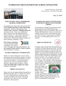 WASHINGTON GROVE ELEMENTARY SCHOOL NEWSLETTER Susan Barranger, Principal Jason Snyder, Assistant Principal May 23, 2014