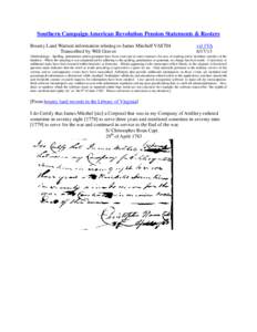 Southern Campaign American Revolution Pension Statements & Rosters Bounty Land Warrant information relating to James Mitchell VAS704 Transcribed by Will Graves vsl 1VA[removed]