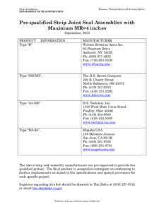 State of California DEPARTMENT OF TRANSPORTATION Business, Transportation and Housing Agency  Pre-qualified Strip Joint Seal Assemblies with