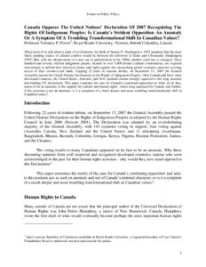 Forum on Public Policy  Canada Opposes The United Nations’ Declaration Of 2007 Recognizing The Rights Of Indigenous Peoples: Is Canada’s Strident Opposition An Anomaly Or A Symptom Of A Troubling Transformational Shi