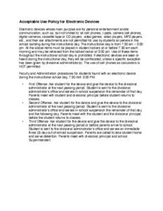 Acceptable Use Policy for Electronic Devices Electronic devices whose main purpose are for personal entertainment and/or communication, such as, but not limited to: all cell phones, I-pods, camera cell phones, digital ca