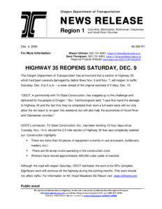 Oregon Department of Transportation  NEWS RELEASE