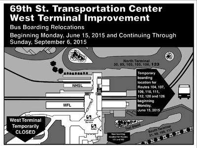69th St. Transportation Center West Terminal Improvement Bus Boarding Relocations Beginning Monday, June 15, 2015 and Continuing Through Sunday, September 6, 2015