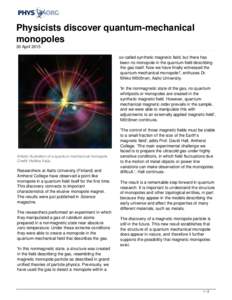 Physicists discover quantum-mechanical monopoles