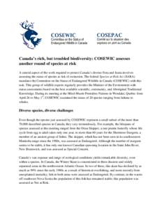 Canada’s rich, but troubled biodiversity: COSEWIC assesses another round of species at risk A central aspect of the work required to protect Canada’s diverse flora and fauna involves assessing the status of species a