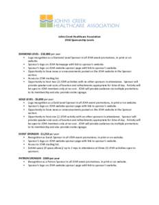 Johns Creek Healthcare Association 2014 Sponsorship Levels DIAMOND LEVEL - $10,000 per year  Logo recognition as a Diamond Level Sponsor in all JCHA event promotions, in print or on website.