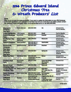 2014 Prince Edward Island Christmas Tree & Wreath Producers’ List NOTE: While we try to be as accurate as possible, if you want to update the information on your PEI Christmas tree/wreath operation or your operation is
