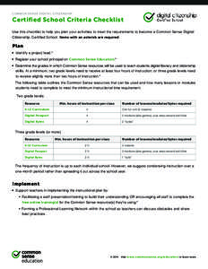 C O M M O N S E N S E D I G I TA L C I T I Z E N S H I P  Certified School Criteria Checklist Use this checklist to help you plan your activities to meet the requirements to become a Common Sense Digital Citizenship: Cer