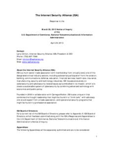 The Internet Security Alliance (ISA) Response to the March 28, 2013 Notice of Inquiry of the U.S. Department of Commerce, National Telecommunications & Information