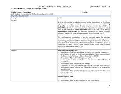 Post 2015 Country Consultation UNCT Contact: Fioralba Shkodra, UN Coordination Specialist, UNRCO CONSULTATION RESOURCES Funding: Partners: