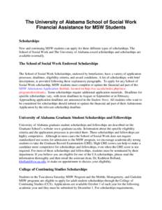 The University of Alabama School of Social Work Financial Assistance for MSW Students Scholarships New and continuing MSW students can apply for three different types of scholarships. The School of Social Work and The Un