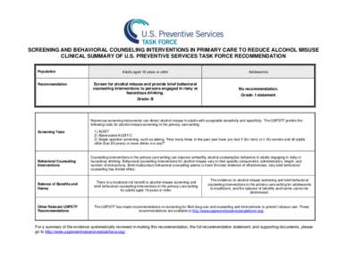 Screening and Behavioral Counseling Interventions in Primary Care to Reduce Alcohol Misuse: Clinical Summary