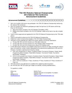 TSA VEX Robotics National Championship 2015 National TSA Conference Advancement Guidelines Advancement Guidelines 1. Up to one hundred[removed]teams may participate in the TSA VEX National Championship held during the nati