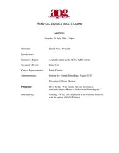 National Capital Area Chapter AGENDA Saturday, 19 July 2014, 2:00pm Welcome: