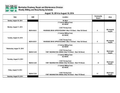 Manhattan Roadway Repair and Maintenance Division Weekly Milling and Resurfacing Schedule August 10, 2014 to August 16, 2014 Date  SA#