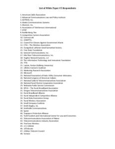 List	
  of	
  White	
  Paper	
  #5	
  Respondents	
   1. American	
  Cable	
  Association	
  	
   2. Advanced	
  Communications	
  Law	
  and	
  Policy	
  Institute	
  	
   3. ADTRAN,	
  Inc.	
   4. Al