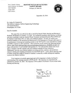 September 28, 2010 Letter, Chairman Peter S. Winokur to Dr. Arthur W. Etchells, III, The DuPont Company,  re: we requesting technical feedback on the questions the Board posed to the Department of Energy with respect to 