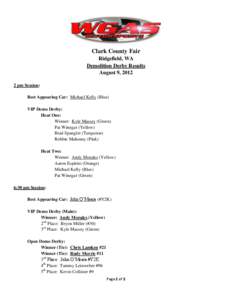 Clark County Fair Ridgefield, WA Demolition Derby Results August 9, [removed]pm Session: Best Appearing Car: Michael Kelly (Blue)