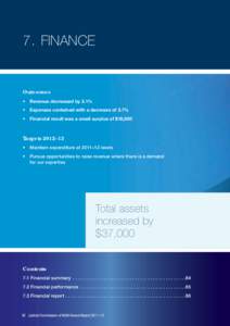 7. FINANCE  Outcomes •	 Revenue decreased by 3.1% •	 Expenses contained with a decrease of 3.7% •	 Financial result was a small surplus of $18,000