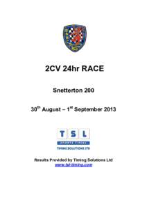 2CV 24hr RACE Snetterton 200 30th August – 1st September 2013 Results Provided by Timing Solutions Ltd www.tsl-timing.com