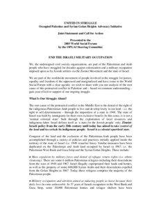 UNITED IN STRUGGLE Occupied Palestine and Syrian Golan Heights Advocacy Initiative Joint Statement and Call for Action