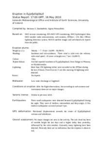 Eruption in Eyjafjallajökull Status Report: 17:00 GMT, 16 May 2010 Icelandic Meteorological Office and Institute of Earth Sciences, University of Iceland Compiled by: Steinunn S. Jakobsdóttir, Sigrún Hreinsdóttir. Ba