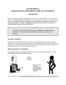 STANDARD 16 EXCELLENCE AND EQUITY FOR ALL STUDENTS Introduction This overview discusses excellence and equity and how they are described in the Mathematics Standards of the New Jersey State Department of Education’s Co