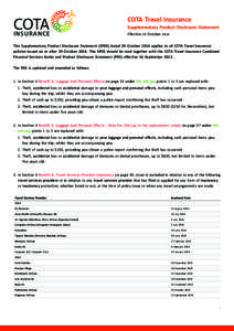 COTA Travel Insurance INSURANCE Supplementary Product Disclosure Statement Effective 29 October 2014