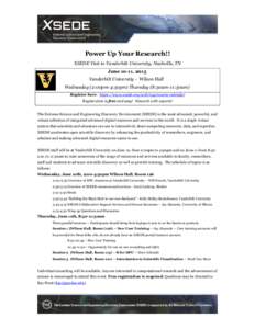 Power Up Your Research!! XSEDE Visit to Vanderbilt University, Nashville, TN June 10-11, 2015 Vanderbilt University – Wilson Hall Wednesday (2:00pm-4:30pm) Thursday (8:30am-11:30am) Register here: https://www.xsede.org