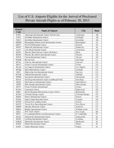 List of U.S. Airports Eligible for the Arrival of Precleared Private Aircraft Flights as of February 20, 2013 Airport Code PANC PAFA