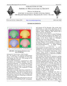 American Malacological Society Newsletter  Spring 2011 NEWSLETTER OF THE AMERICAN MALACOLOGICAL SOCIETY