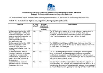 Southampton City Council Planning Obligations Supplementary Planning Document Strategic Environmental Assessment Screening Statement The tables below set out the statement of the screening opinion carried out by the Coun