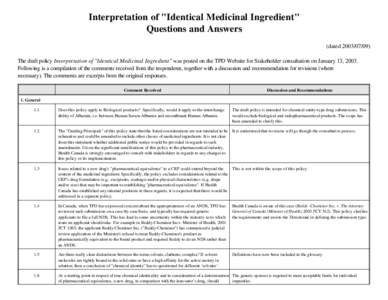 Interpretation of "Identical Medicinal Ingredient" - Questions and Answers
