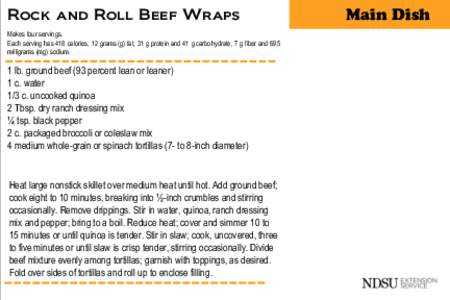Rock and Roll Beef Wraps Makes four servings. Each serving has 418 calories, 12 grams (g) fat, 31 g protein and 41 g carbohydrate, 7 g fiber and 695 milligrams (mg) sodium.  1 lb. ground beef (93 percent lean or leaner)