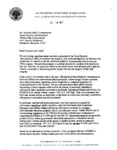 UNITED STATES DEPARTMENT OF EDUCATION O F F I C E O F SPECIAL EDUCATION AND REHABILITATIVE S E R V I C E S JUL[removed]Mr. Kenneth Apfel, Commissioner