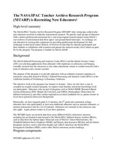 The NASA/IPAC Teacher Archive Research Program (NITARP) is Recruiting New Educators! High-level summary The NASA/IPAC Teacher Archive Research Program (NITARP; http://nitarp.ipac.caltech.edu) gets educators involved in a