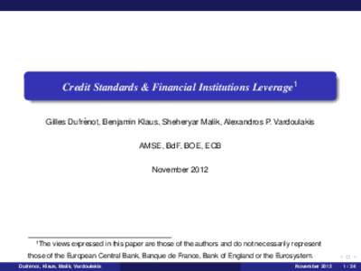 Credit Standards & Financial Institutions Leverage1 ´ Gilles Dufrenot, Benjamin Klaus, Sheheryar Malik, Alexandros P. Vardoulakis AMSE, BdF, BOE, ECB November 2012