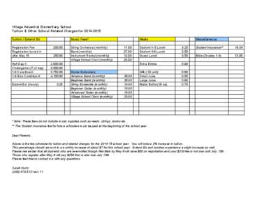 Village Adventist Elementary School Tuition & Other School-Related Charges for[removed]Tuition / Extend Ed Registration Fee Registration turned in after May 15