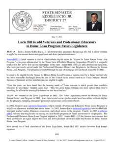    May 27, 2013 Lucio Bill to add Veterans and Professional Educators to Home Loan Program Passes Legislature