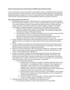 Criteria for Permanent Status and Promotion of UF/IFAS County Extension Faculty In the annual performance review of UF/IFAS County Extension Faculty, an established system of program review and evaluation is made. Perfor