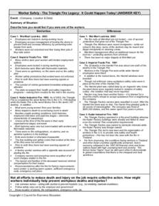 Worker Safety - The Triangle Fire Legacy: It Could Happen Today! (ANSWER KEY) Event: (Company, Location & Date) Summary of Situation: Describe how you would feel if you were one of the workers. Similarities Case 1: Wal-M