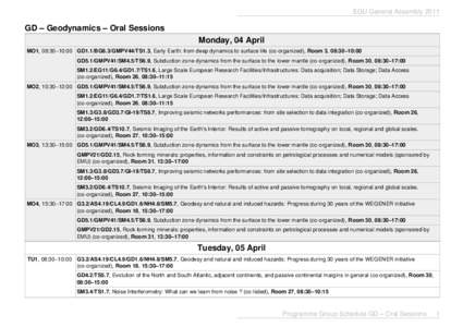 EGU General AssemblyGD – Geodynamics – Oral Sessions Monday, 04 April MO1, 08:30–10:00 GD1.1/BG8.3/GMPV44/TS1.3, Early Earth: from deep dynamics to surface life (co-organized), Room 3, 08:30–10:00 GD5.1/GM