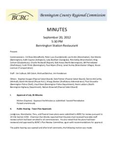 Bennington County Regional Commission  MINUTES September 20, 2012 5:30 PM Bennington Station Restaurant