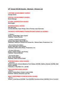 25th Annual SOCAN Awards – Montreal – Winners List LIFETIME ACHIEVEMENT AWARD Georges Hamel SPECIAL ACHIEVEMENT AWARD Michel Bélanger