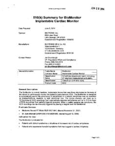 510(k) Summary K132960  JUN[removed]k) Summary for BioMonitor Implantable Cardiac Monitor