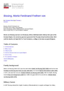 Bissing, Moritz Ferdinand Freiherr von By Christoph Roolf and Thomas L. Gertzen Bissing, Moritz Ferdinand von Prussian senior officer and politician