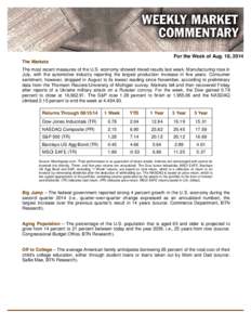 For the Week of Aug. 18, 2014 The Markets The most recent measures of the U.S. economy showed mixed results last week. Manufacturing rose in July, with the automotive industry reporting the largest production increase in