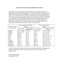 Release Dates for 2011 Federal Milk Order Price Data