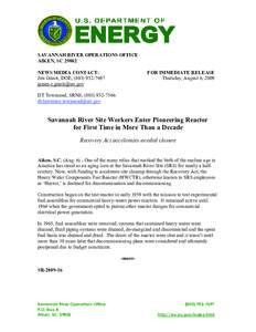 SAVANNAH RIVER OPERATIONS OFFICE AIKEN, SC[removed]NEWS MEDIA CONTACT: Jim Giusti, DOE, ([removed]removed]