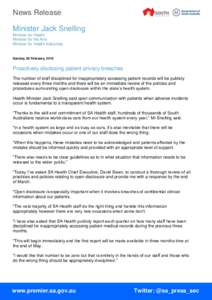 News Release Minister Jack Snelling Minister for Health Minister for the Arts Minister for Health Industries